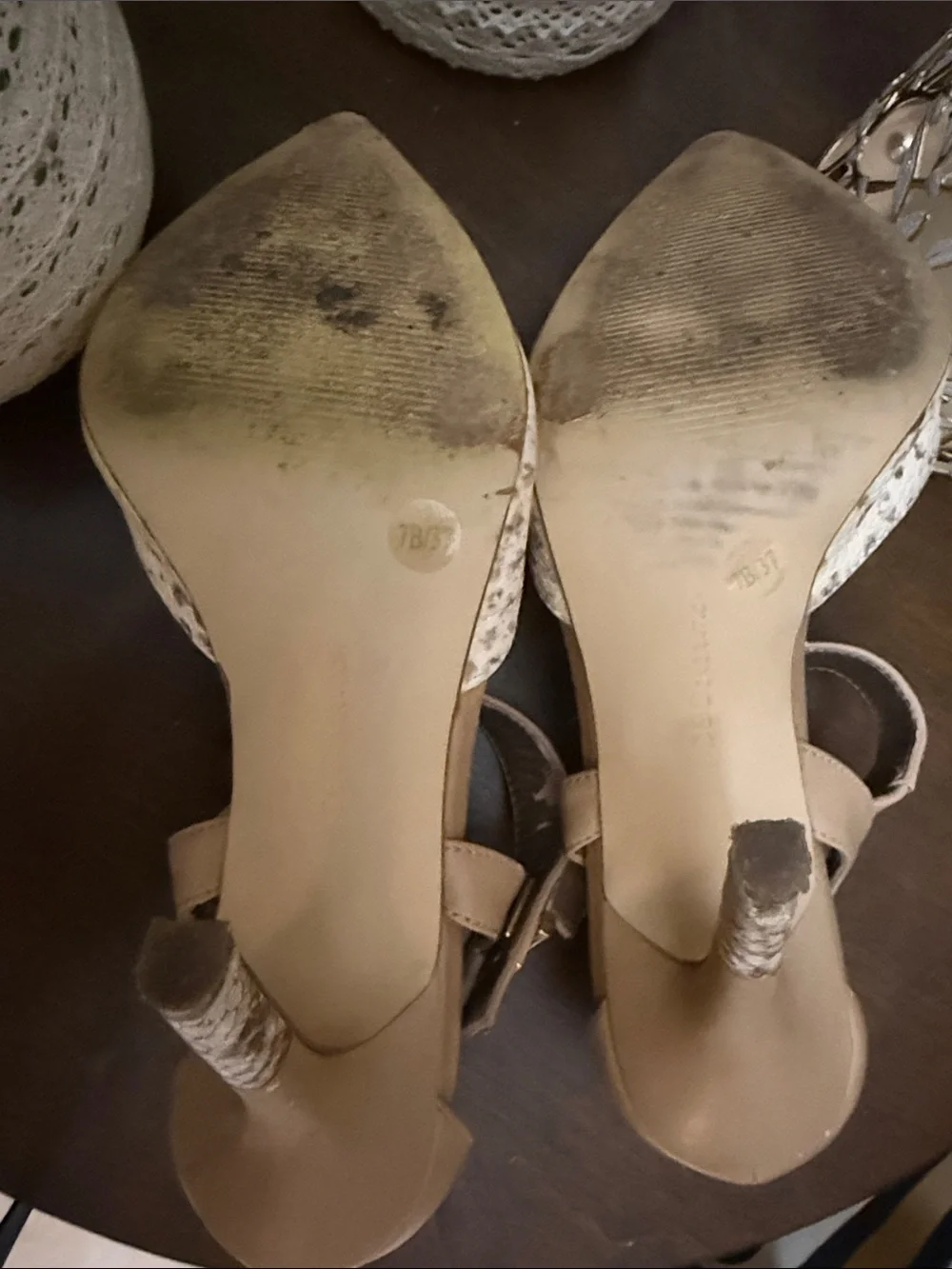 BCBG Pointed-Toe Snakeskin-Print Mary Jane Heels in Tan